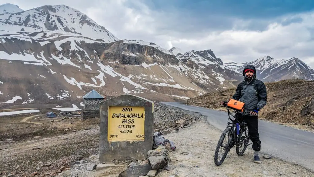 Adventure bike on mountainous terrain